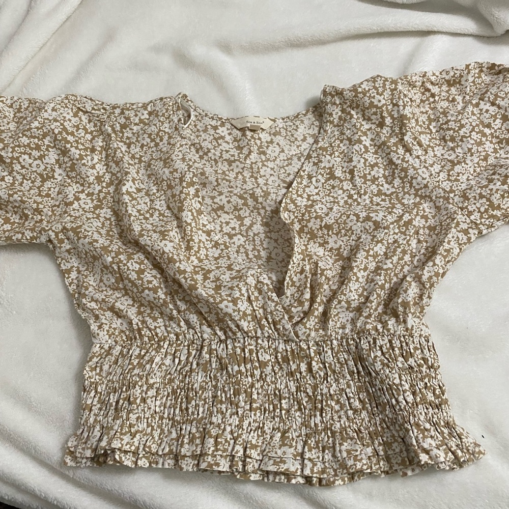 Cream and Tan Smocked Puff Sleeve Wrap Blouse